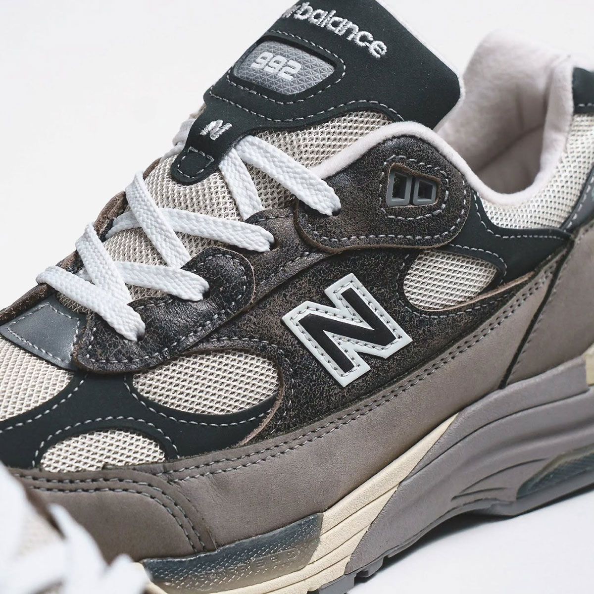 New Balance 992 Shadow Grey with pre-faded leather quarter panel and Team Away Grey nubuck heel and toe
