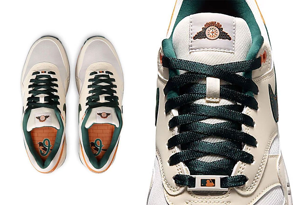 Nike Air Max 1 Baltimore Orioles City Connect with brick texture heel and Camden Yards clock graphic