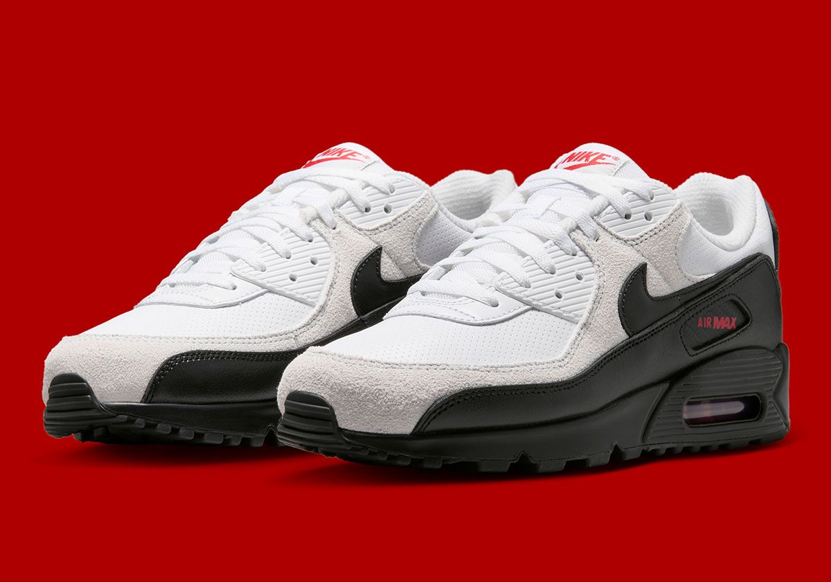 Nike Air Max 90 Racing in black and white with grey suede quarter and NASCAR-inspired insole detailing