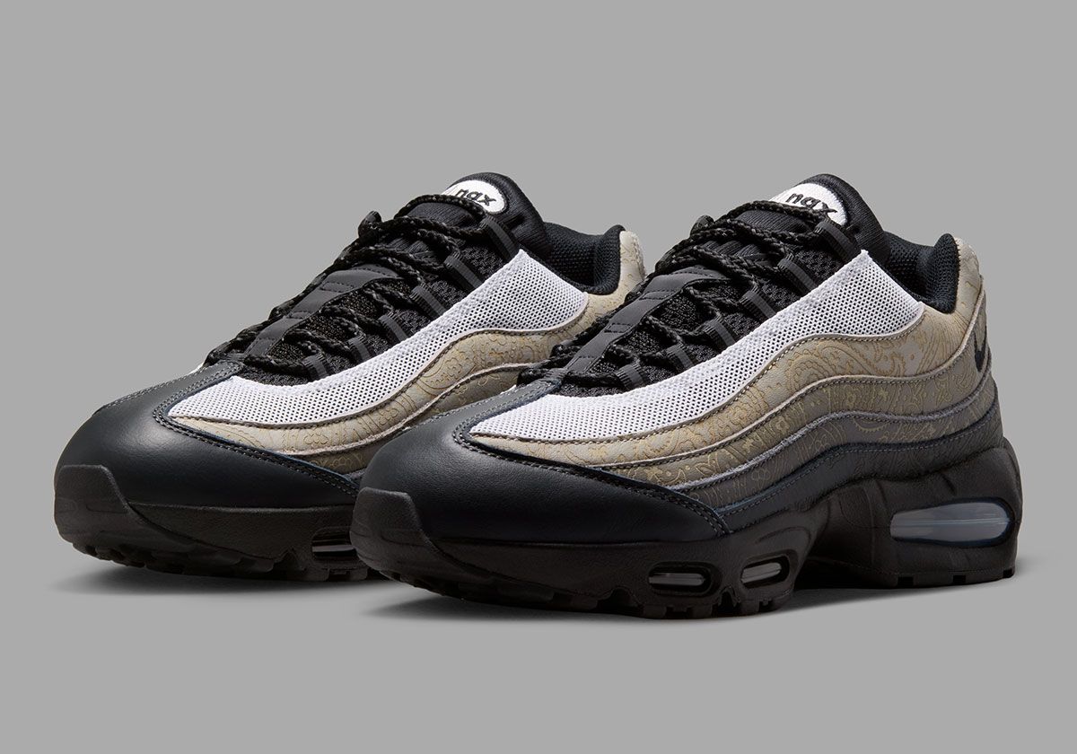 Nike Air Max 95 with laser-etched paisley graphics on the upper in White, Light Graphite, and Black colorway