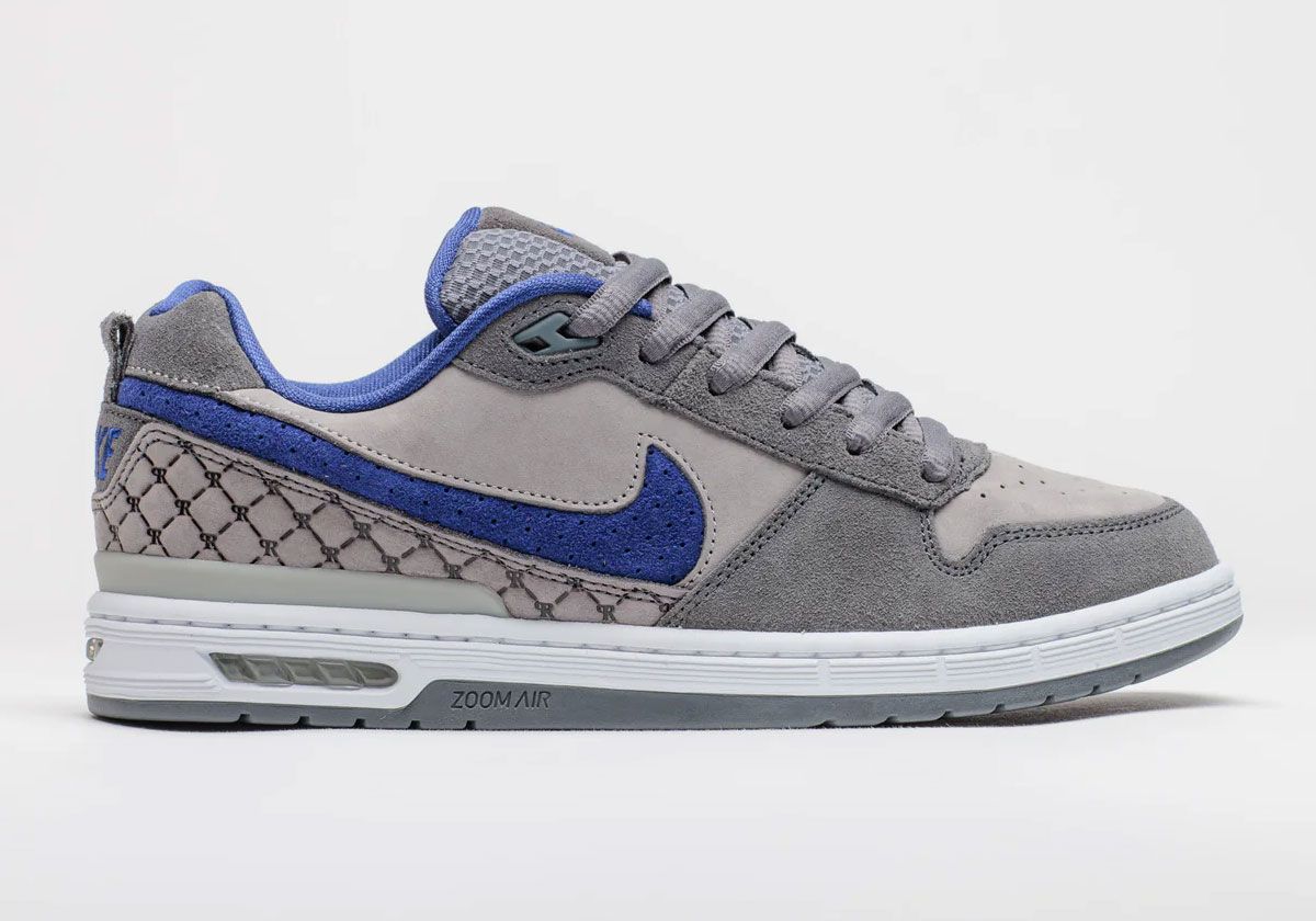 Nike SB P-Rod 1 in Flint Grey featuring dual-tone suede upper with royal blue Swoosh and branding
