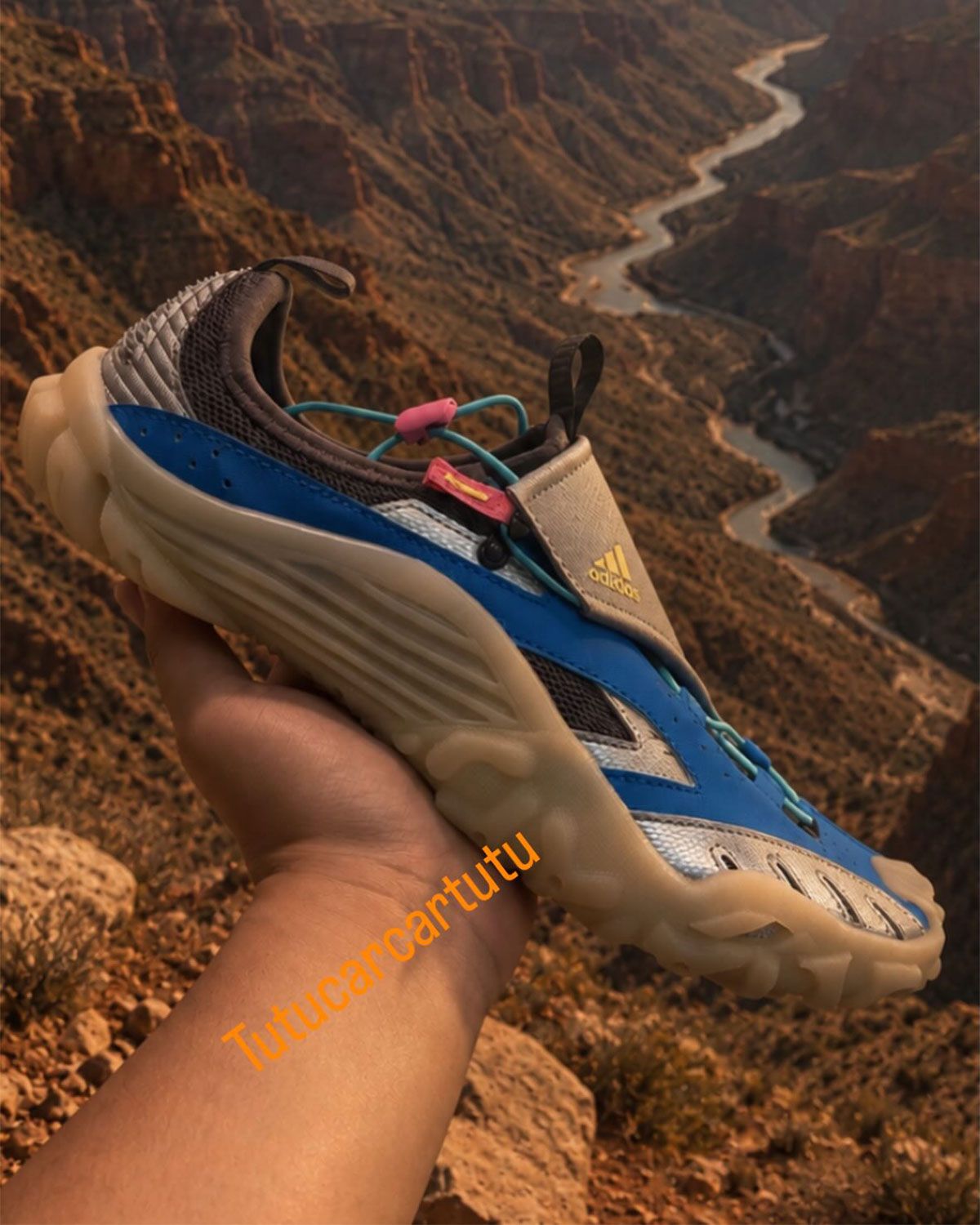 Pharrell Williams x adidas Virginia Water Moc in Lucid Ray Blue, showing mixed material upper with silver leather, blue nubuck, and brown mesh detailing
