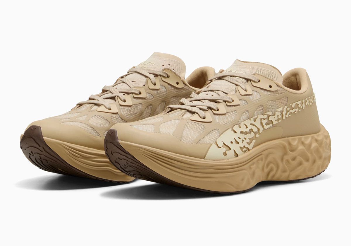 Salehe Bembury x PUMA Velum NITRO in Toasted Almond and Sand Dune colorway, featuring NITRO foam midsole and cork insole details