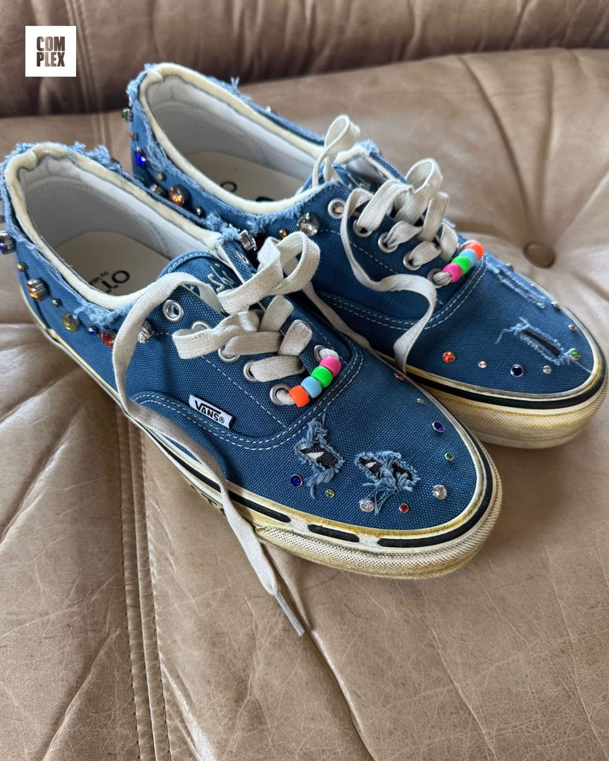 Satoshi Nakamoto x Vans Era in distressed blue canvas with bedazzled toe box and collar details