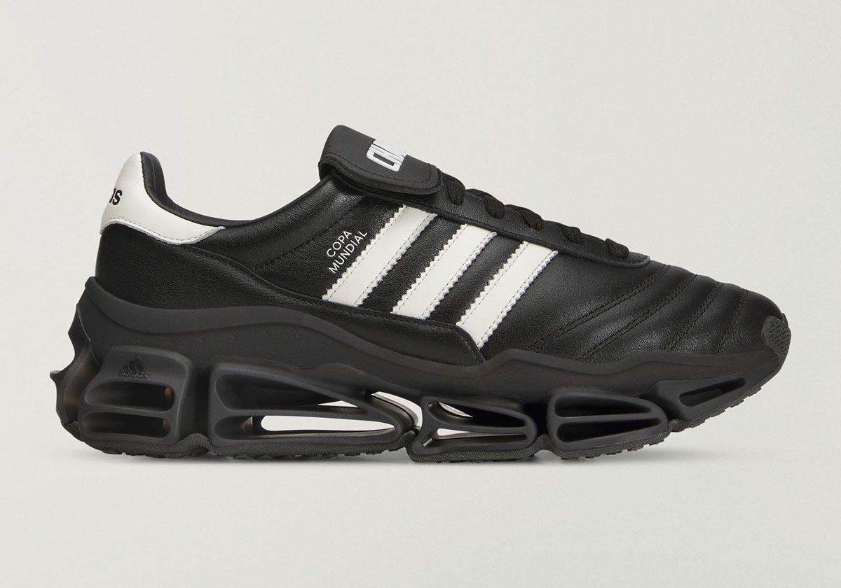 Willy Chavarria x adidas Copa Mundial Megaride in black and white, showcasing hybrid football boot and maximalist platform sole design