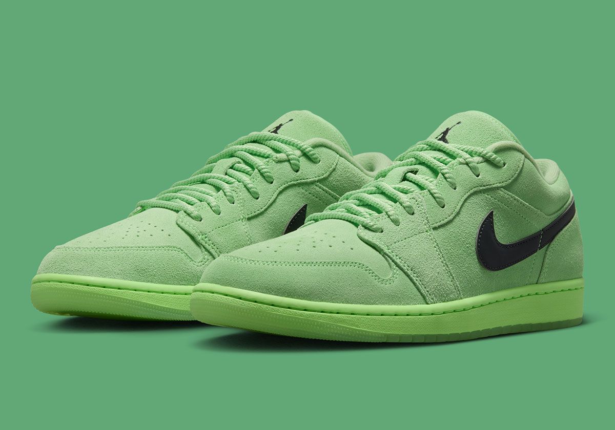 Air Jordan 1 Low Avalanche Lime with suede upper mimicking tennis ball texture and jeweled Wings logo cutout