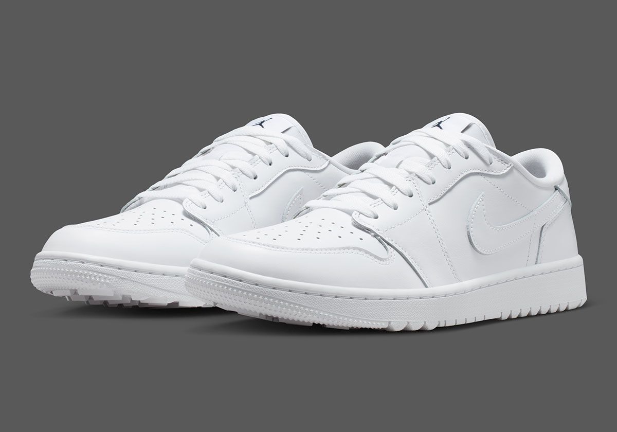 Air Jordan 1 Low Golf in white leather with black tongue and heel tab, spikeless sole variant