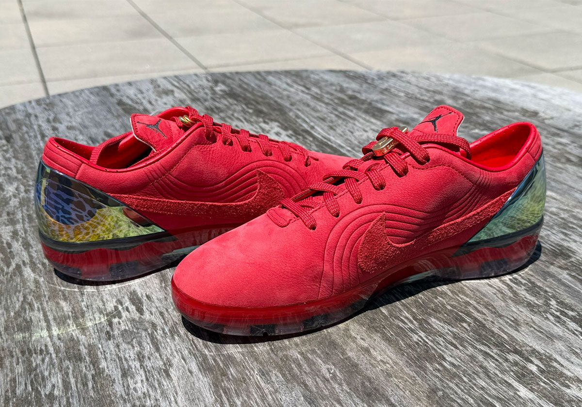 Air Jordan Cryoshot Mercurial Vapor 1 in red leather with iridescent silver heel, inspired by Ronaldo's 2002 World Cup boots
