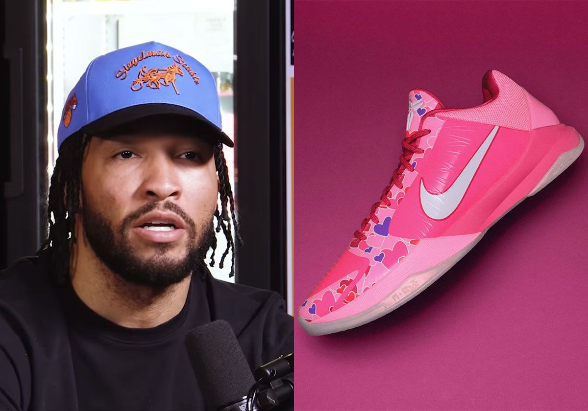 Jalen Brunson wearing pink Kobe 5 Protro with purple heart graphics during 2025-2026 championship season