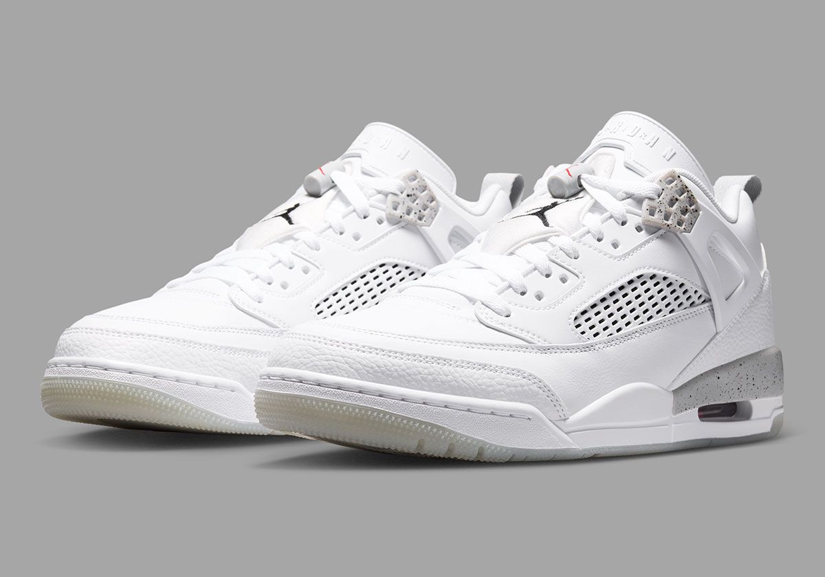 Jordan Spiz'ike Low in White Cement with Grey Fog eyestay and Fire Red accents