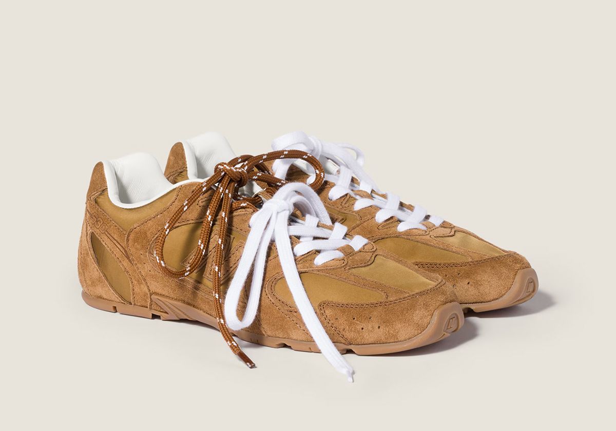 Miu Miu x New Balance 530 SL in four colorways: cerise red, forest green, cocoa brown, and beige with dual-lace system and gum sole