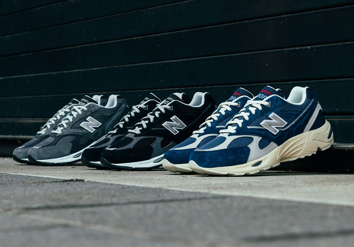 New Balance 880R retro runner in Grey, Black, and Navy colorways featuring mesh, leather, and suede construction