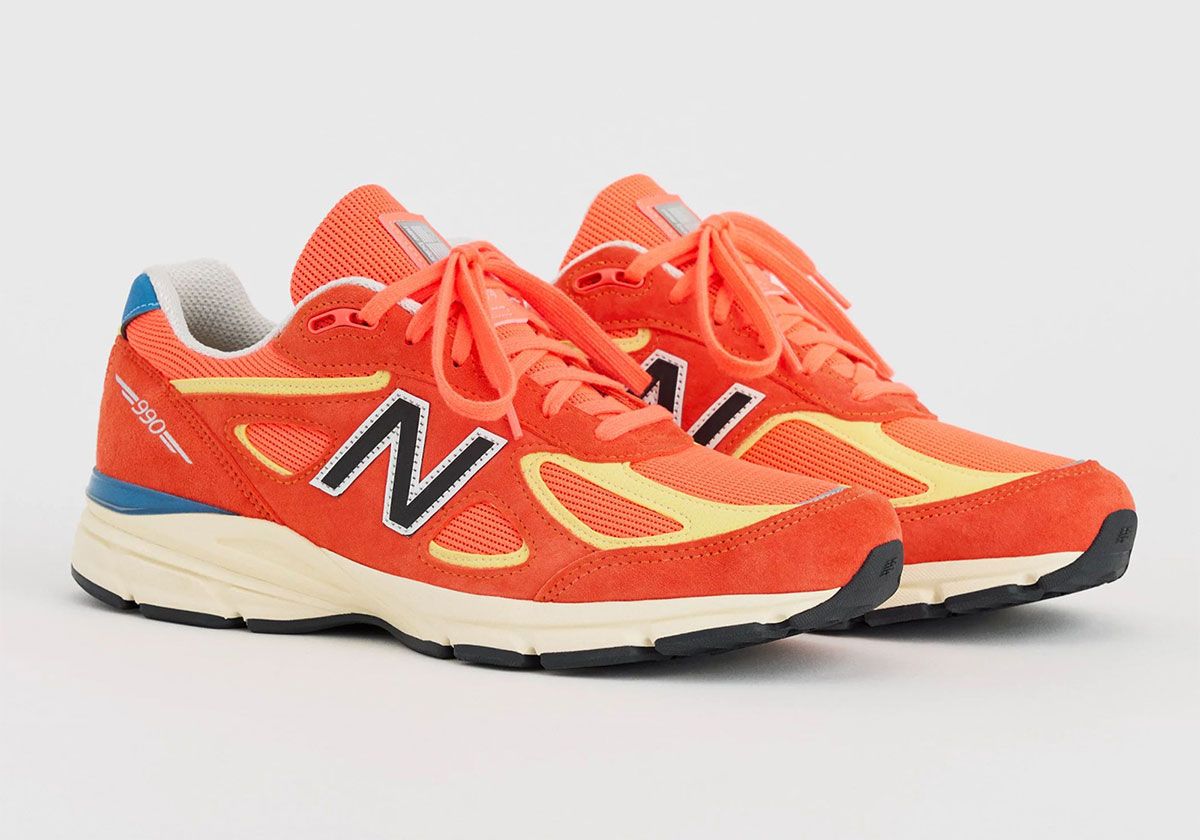 New Balance 990v4 in Urgent Red and Maize colorway, Bart Simpson-inspired design with suede overlays and mesh base