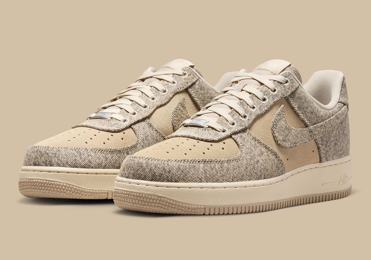 Nike Air Force 1 Low Desert Khaki with suede toe box and khaki tweed-inspired overlays