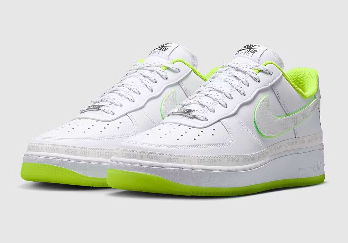 Nike Air Force 1 Low NY v. NY in triple white leather with hi-vis green foxing and embroidered New York court references
