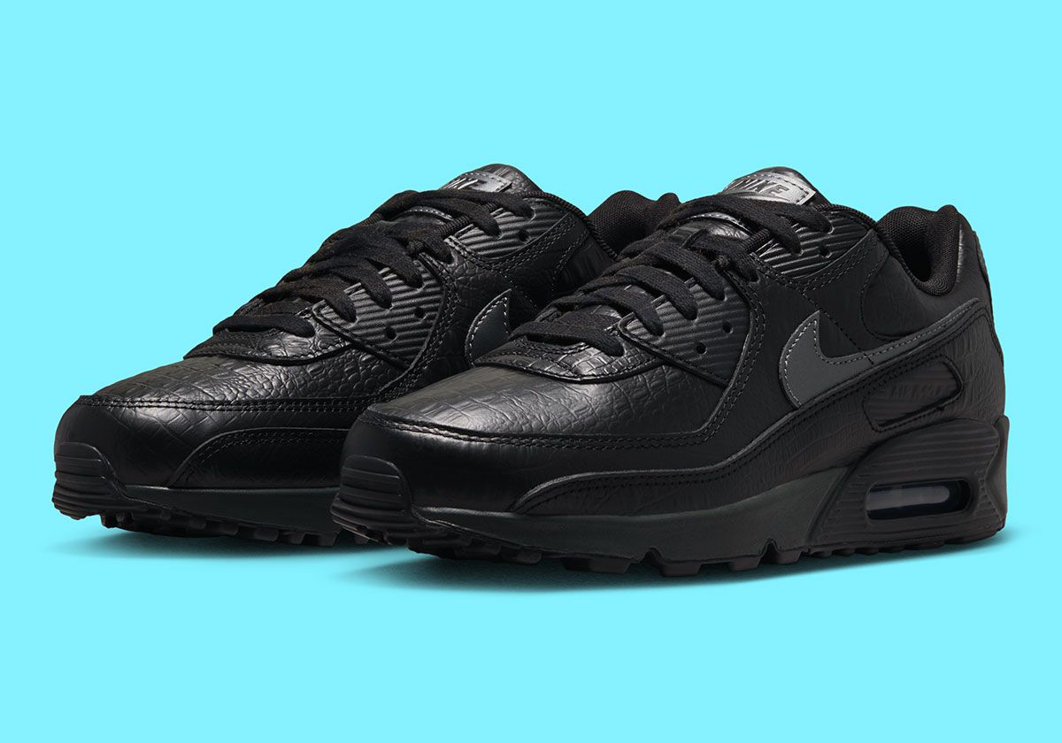 Nike Air Max 90 Black Croc with faux crocodile leather upper and metallic heel tabs, tongue, and Swoosh