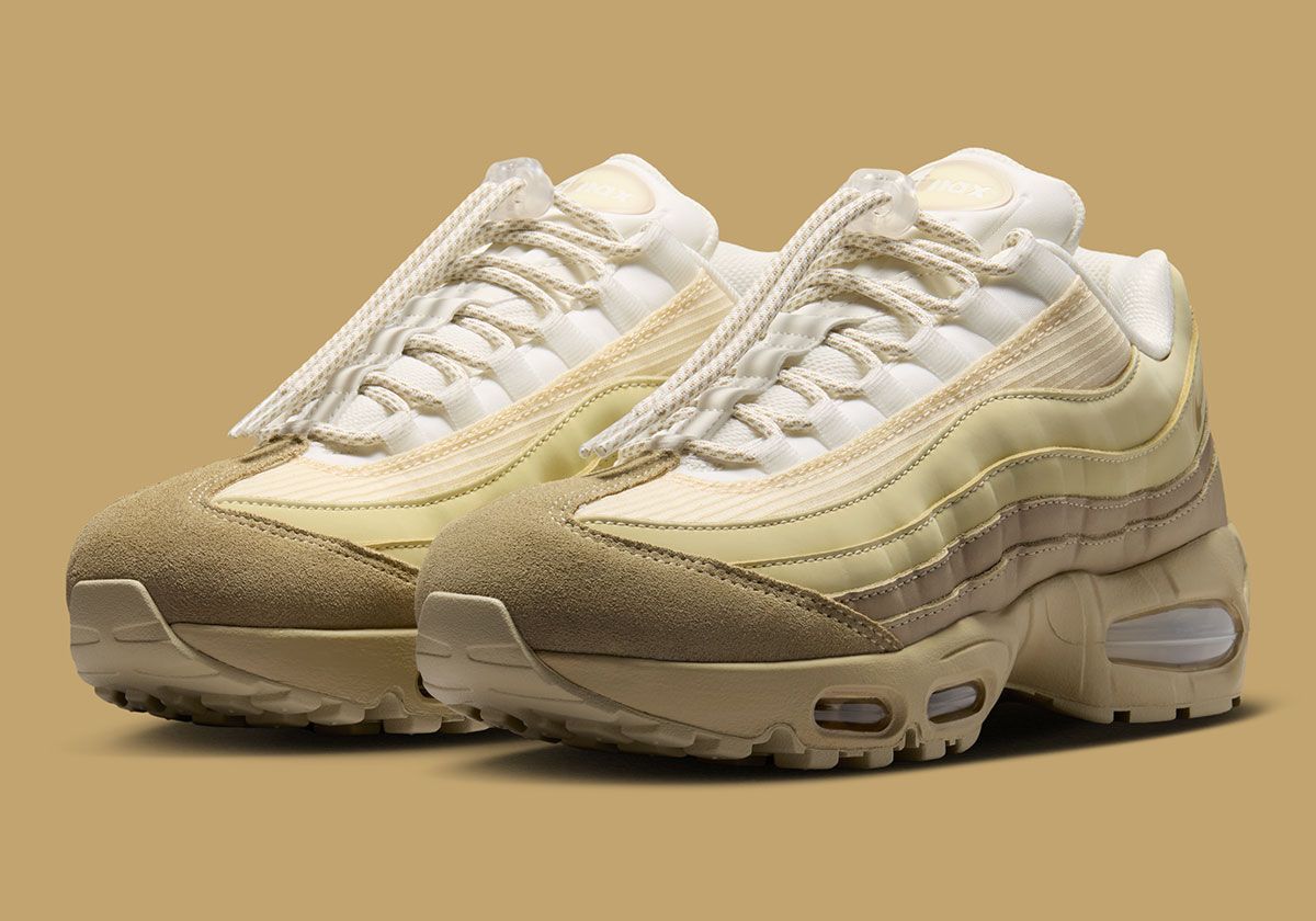 Nike Air Max 95 Desert Khaki women's sneaker featuring grid-pattern ripstop upper, pull laces, and leather side paneling in Light Khaki and Desert Khaki