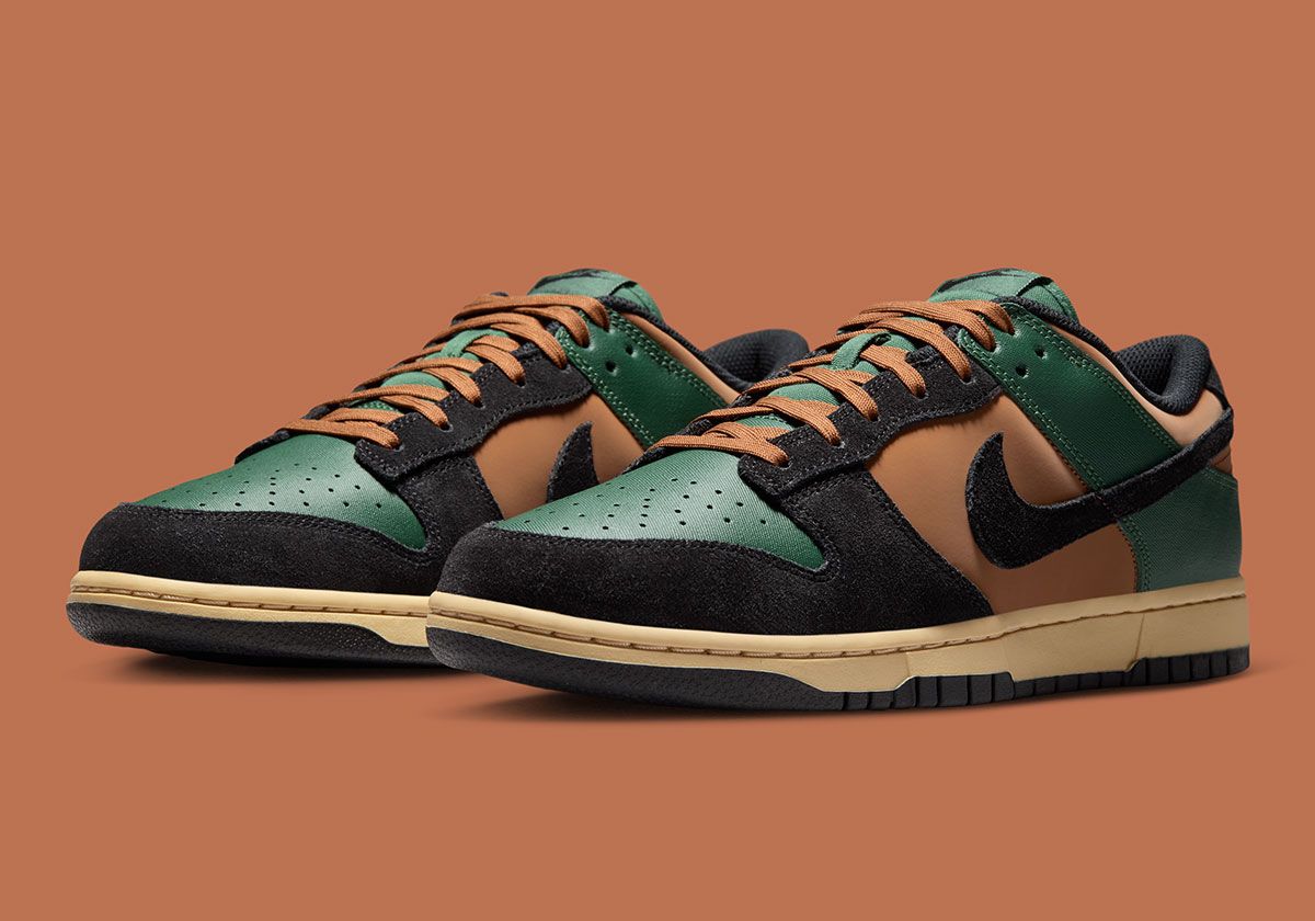 Nike Dunk Low in Beef & Broccoli colorway featuring fir green, light tan, and brown suede with twill heel panel