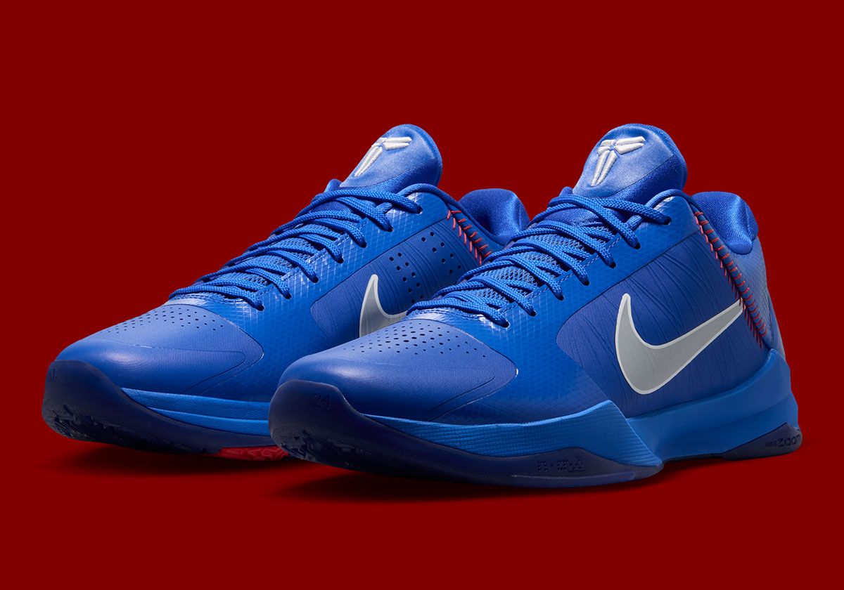 Nike Kobe 5 Protro Dodgers in royal blue with silver Swoosh and baseball-inspired heel stitching