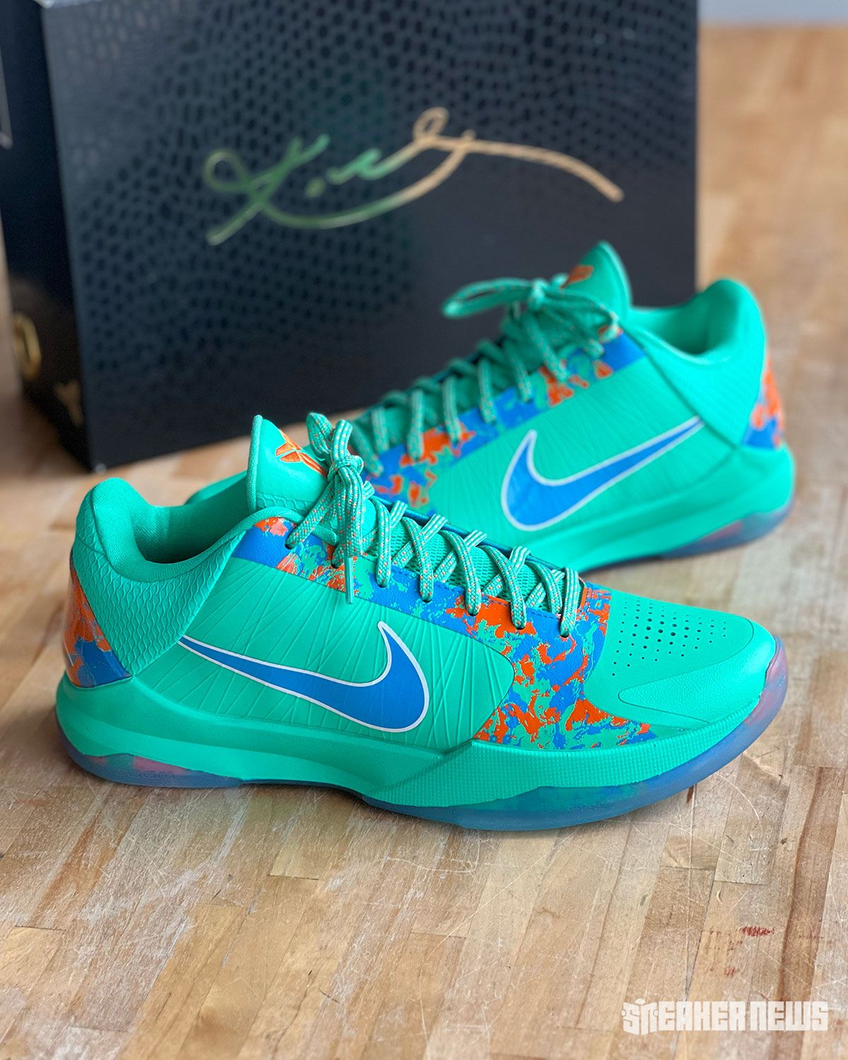 Nike Kobe 5 Protro 'NY vs. NY' in green, blue, and orange colorway inspired by New York City basketball courts