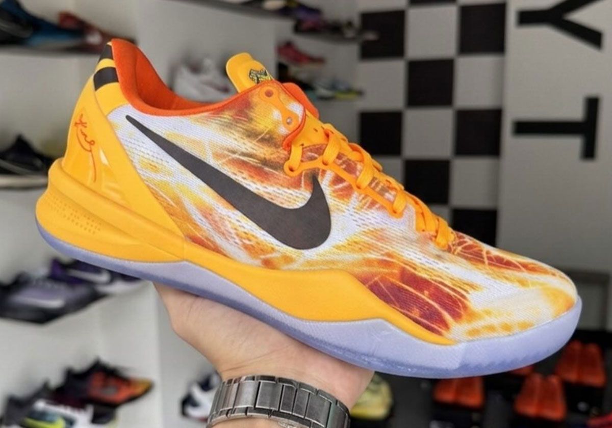 Nike Kobe 8 Protro Shanghai Fireworks in Laser Orange and Cinnabar colorway with engineered mesh upper featuring fireworks-inspired light streaks