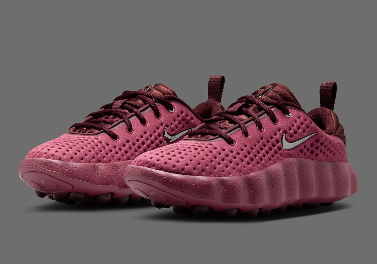 Nike Mind 002 in Pink Smoke colorway featuring wine red synthetic upper and burgundy lace details