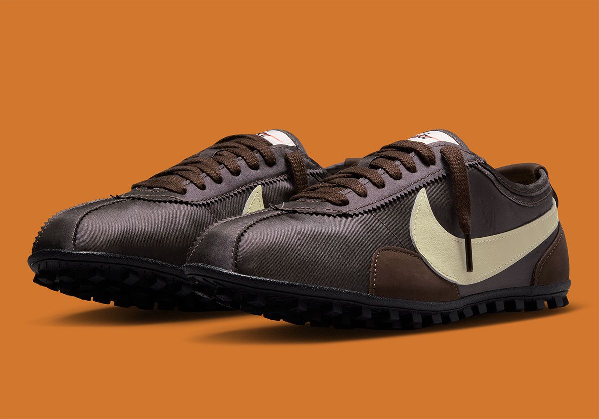Nike Moon Shoe in Malachite and Baroque Brown colorways featuring oversized Swoosh and gum rubber sole