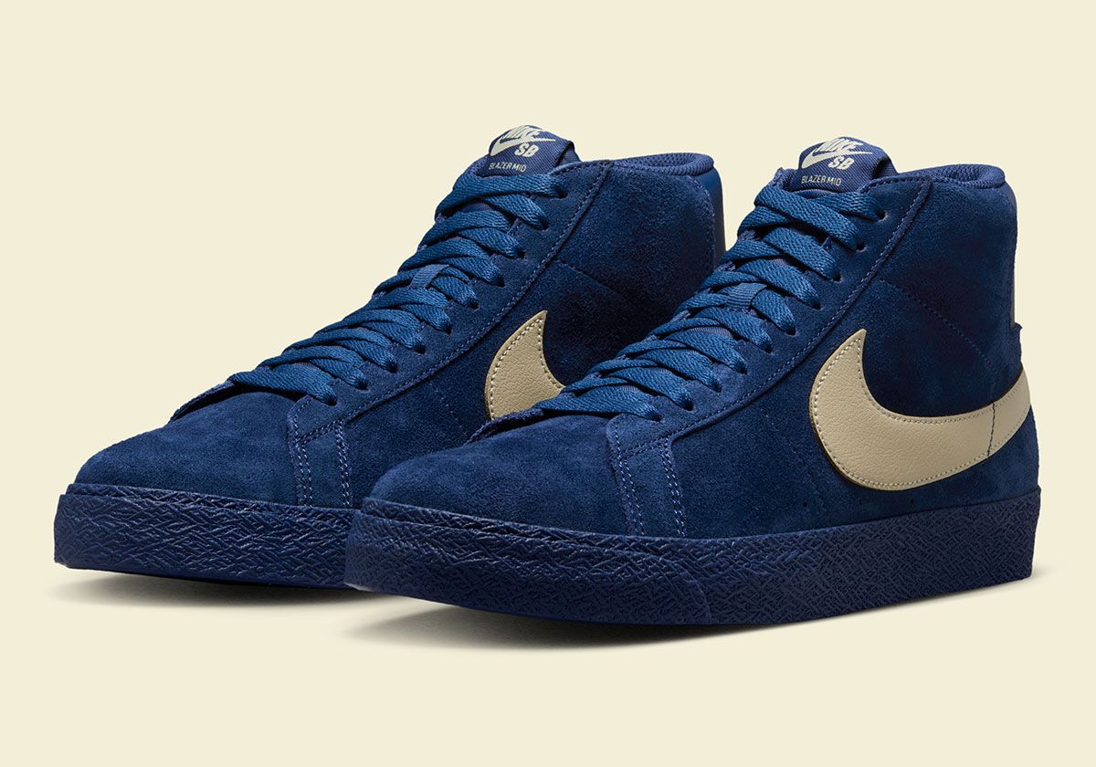 Nike SB Blazer in Coastal Blue colorway with suede upper and pale yellow branding details