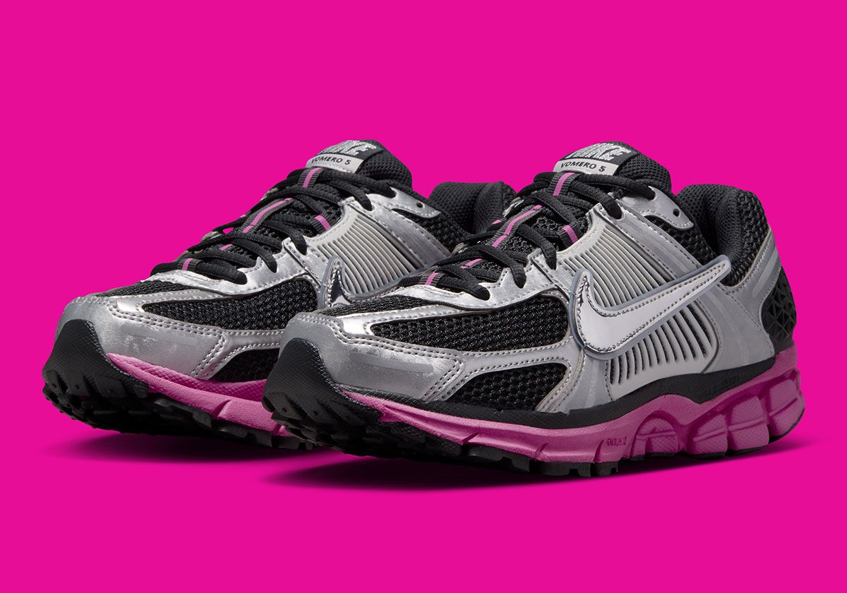 Nike Zoom Vomero 5 Fire Pink women's exclusive colorway with chrome uppers and vibrant pink sole, side view