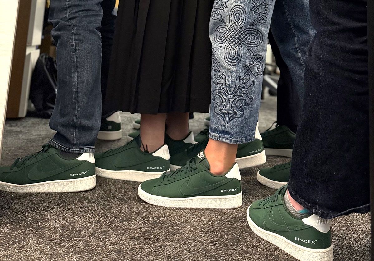 Custom Nike Tennis Classic in green canvas with white trim and SpaceX logo on heel, worn at SpaceX IPO event