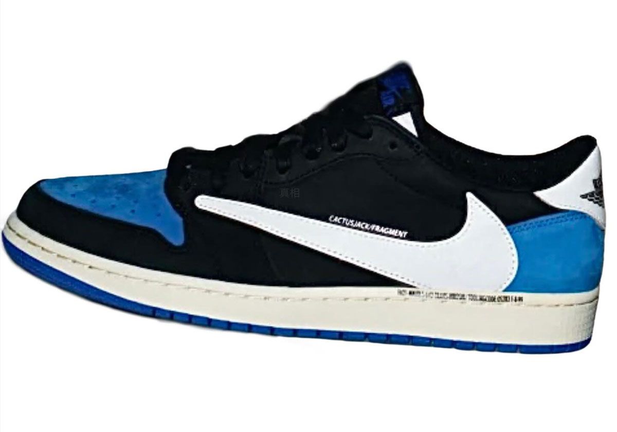 Unreleased Travis Scott x Fragment Design Air Jordan 1 Low sample in royal blue suede and white leather, 2021