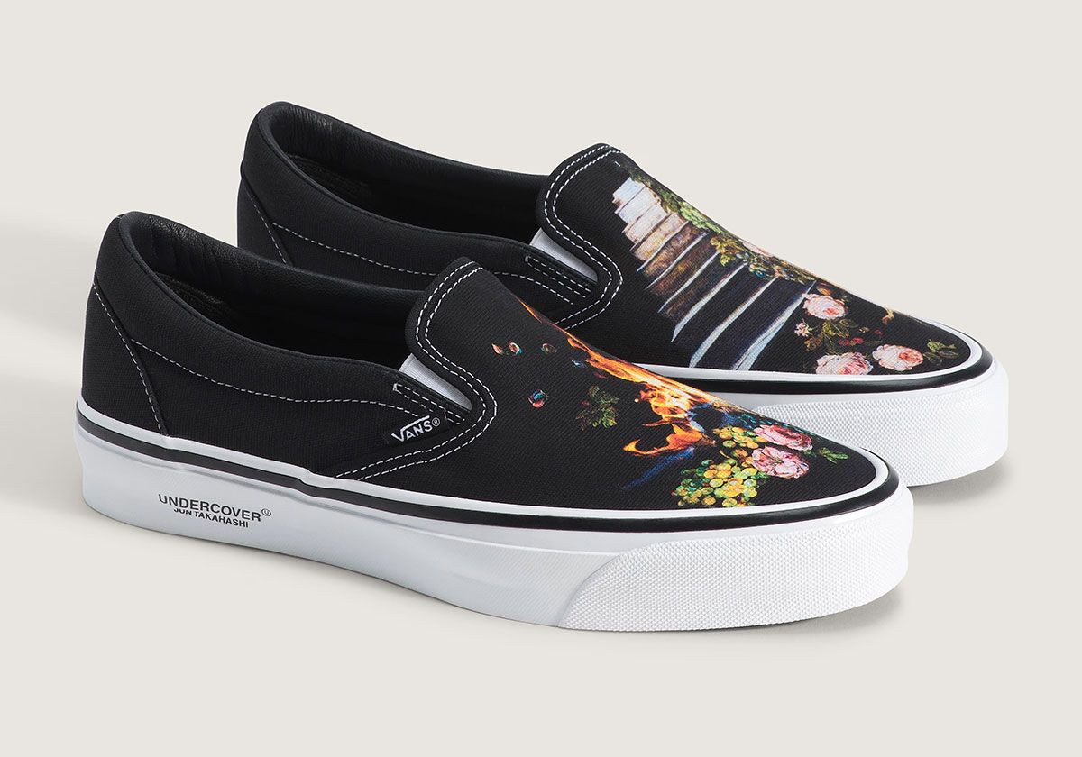 Vans x Undercover Slip-On featuring Emily Bennett painted artwork with flame and botanical motifs