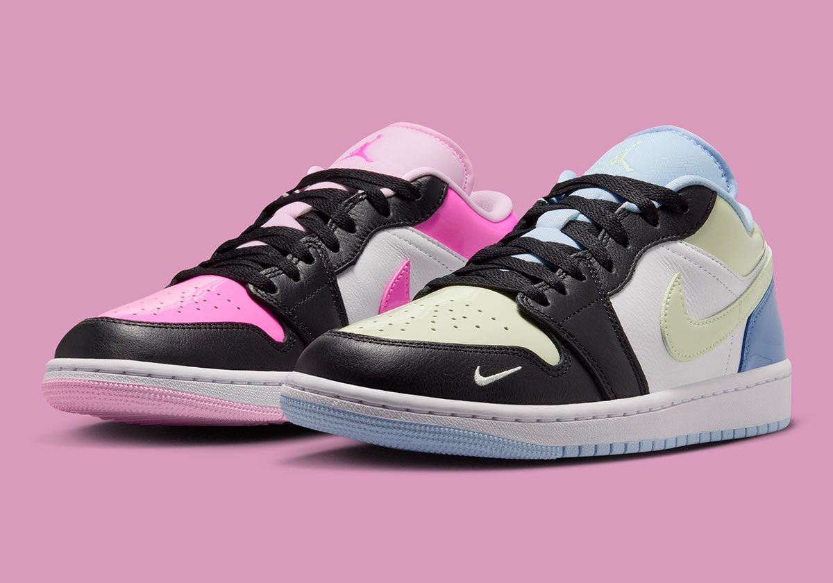 Air Jordan 1 Low SE "Mismatched Patent" featuring asymmetrical patent leather colorways in blue-sage green and light pink-hot pink.