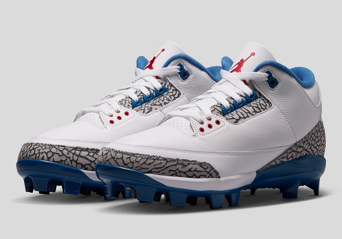 Air Jordan 3 True Blue baseball cleat in aquatic blue and Fire Red colorway with TPU molded studs
