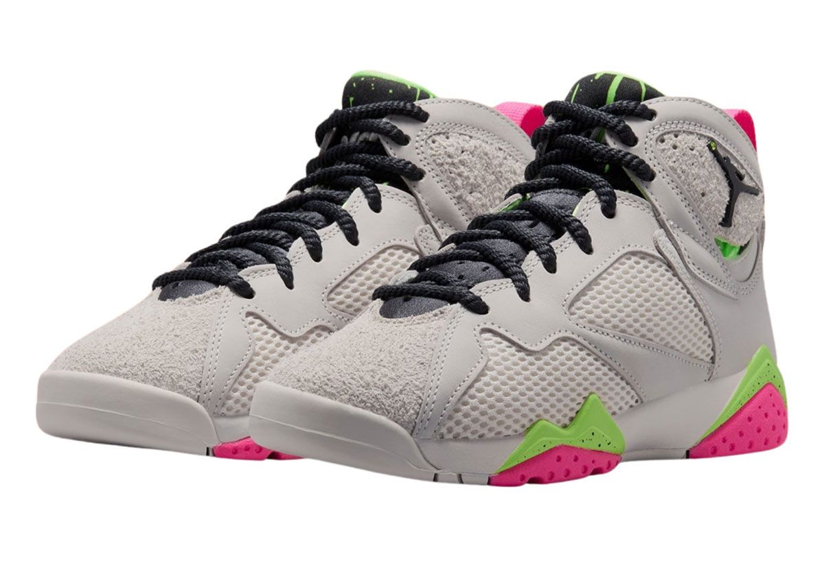 Air Jordan 7 'Tennis Day' featuring neon green and pink colorway with suede collar and mesh details