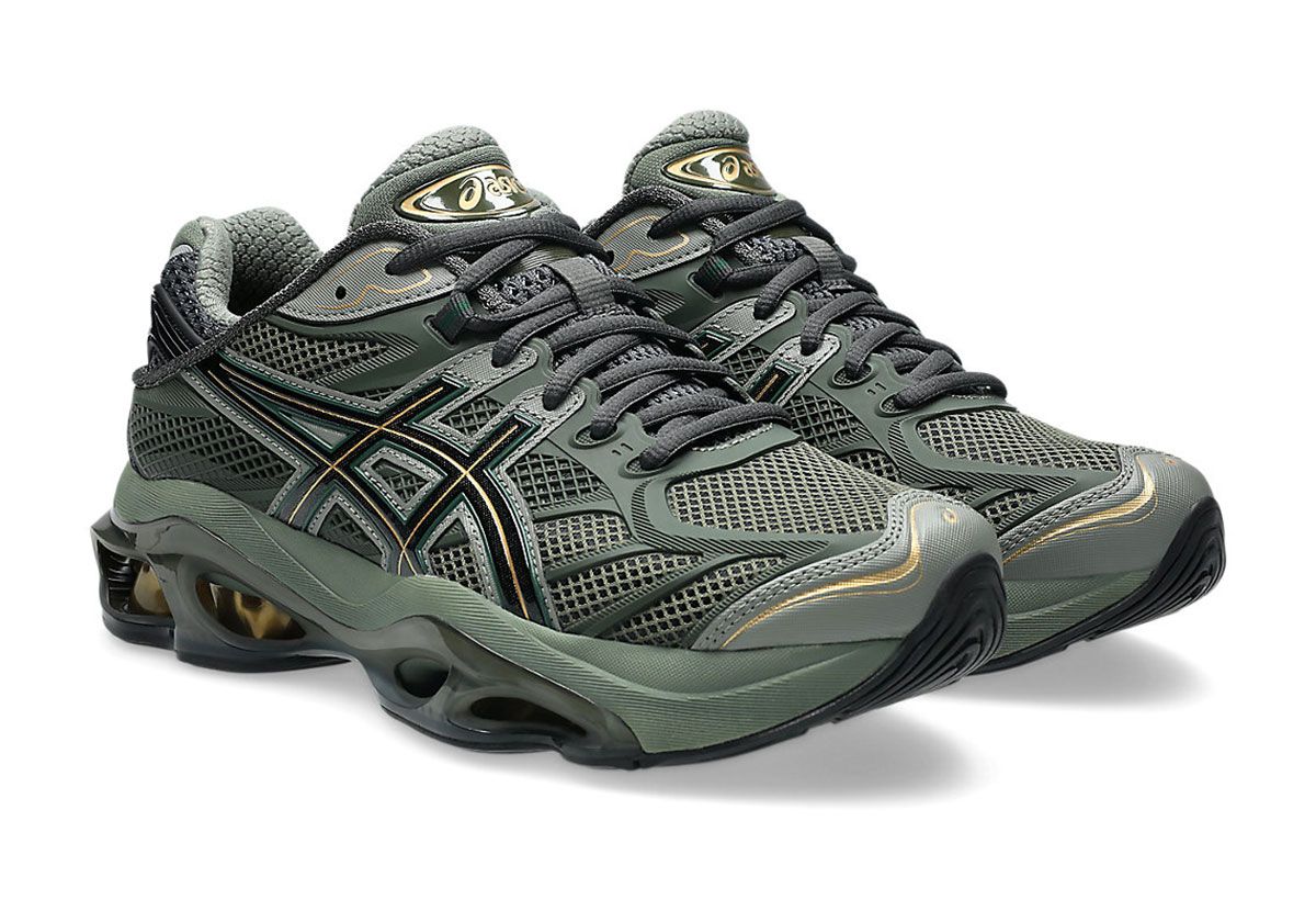 ASICS GEL-Kinetic 2.0 in Olive Green with gold GEL heel cushioning and layered sage side motif