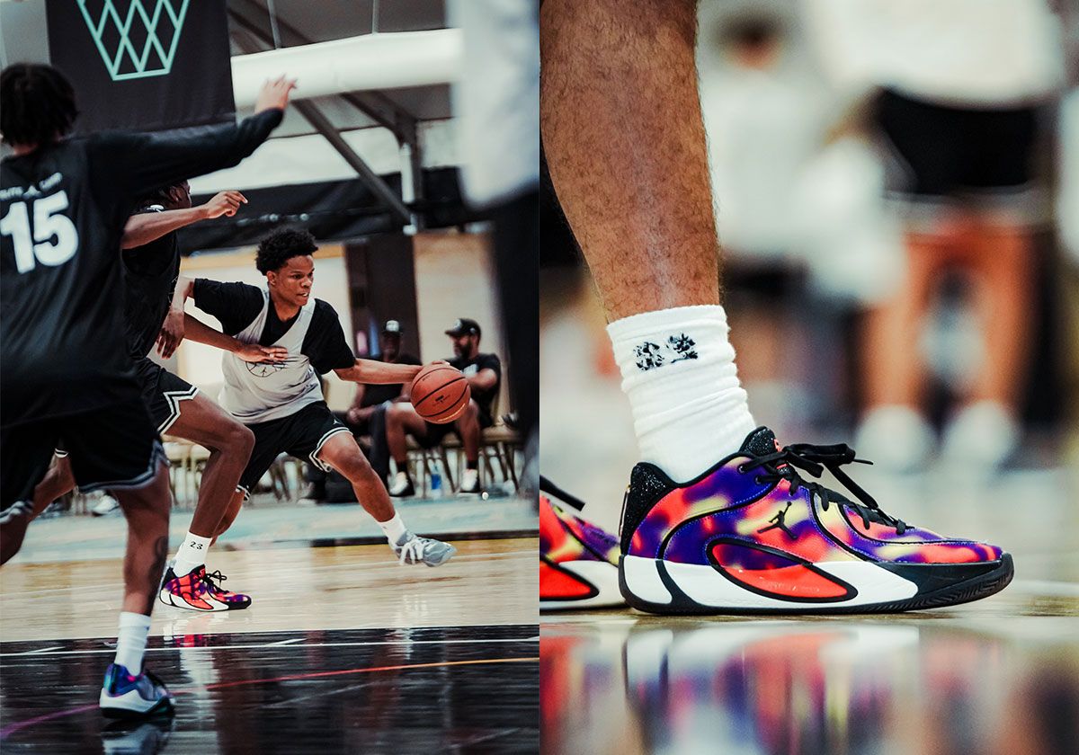 Jayson Tatum in Jordan Tatum 4 pink, purple, and yellow colorway at Las Vegas Elite Camp