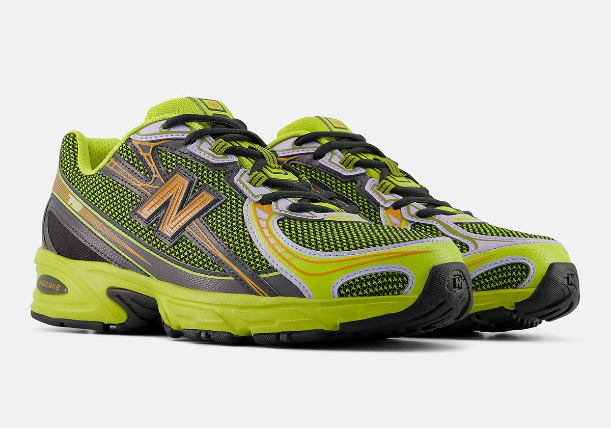 New Balance 740 in pea green and rust orange colorway with black netting and grey leather overlays, releasing Fall 2026