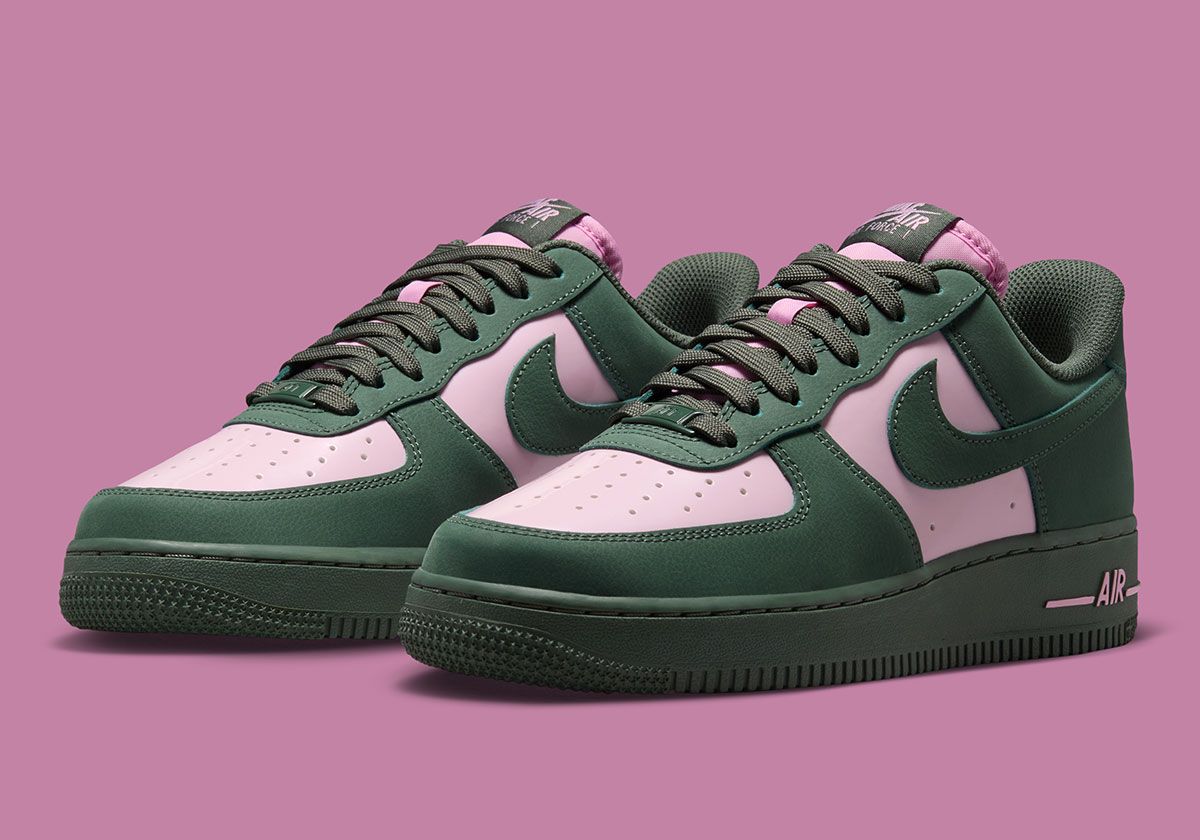Nike Air Force 1 Low in Camo Green and Pink Rise colorway, showing two-tone upper construction
