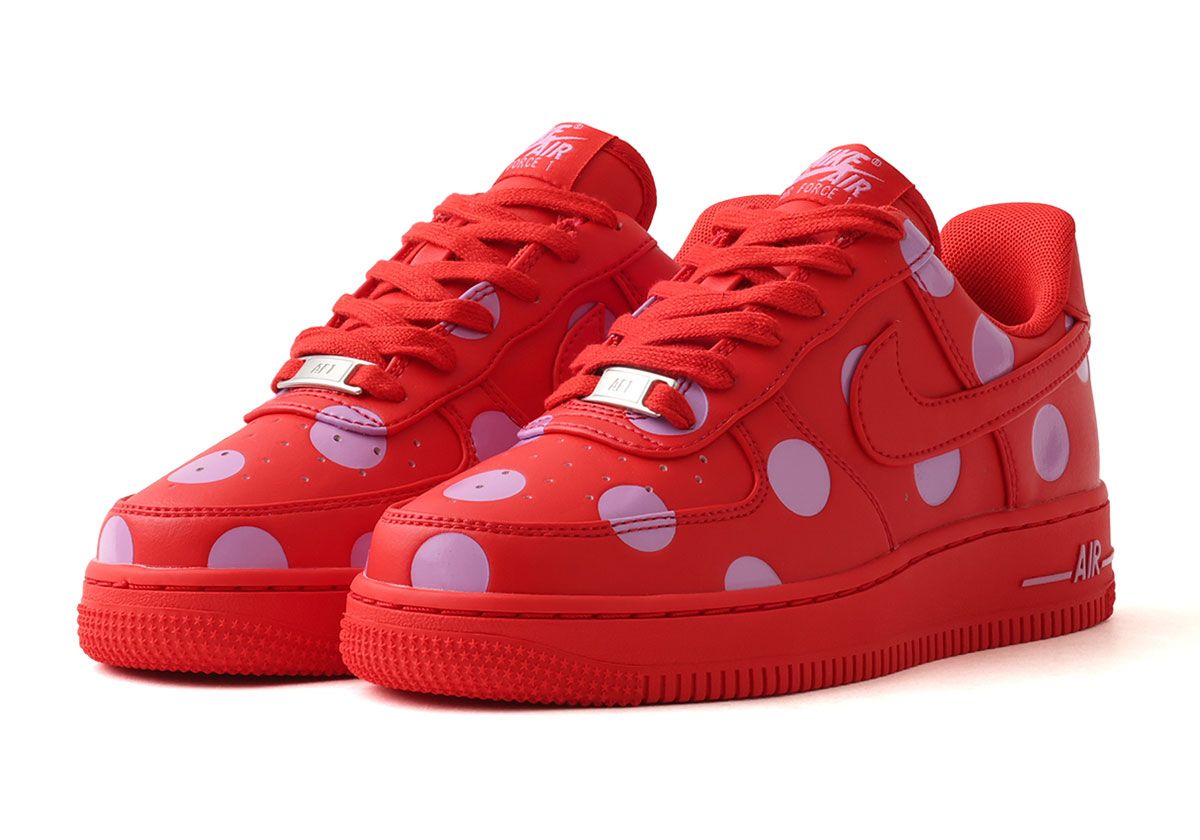 Nike Air Force 1 Low Polka Dot in University Red with Light Magenta glossy dots, silver lace dubraes, and matching midsole