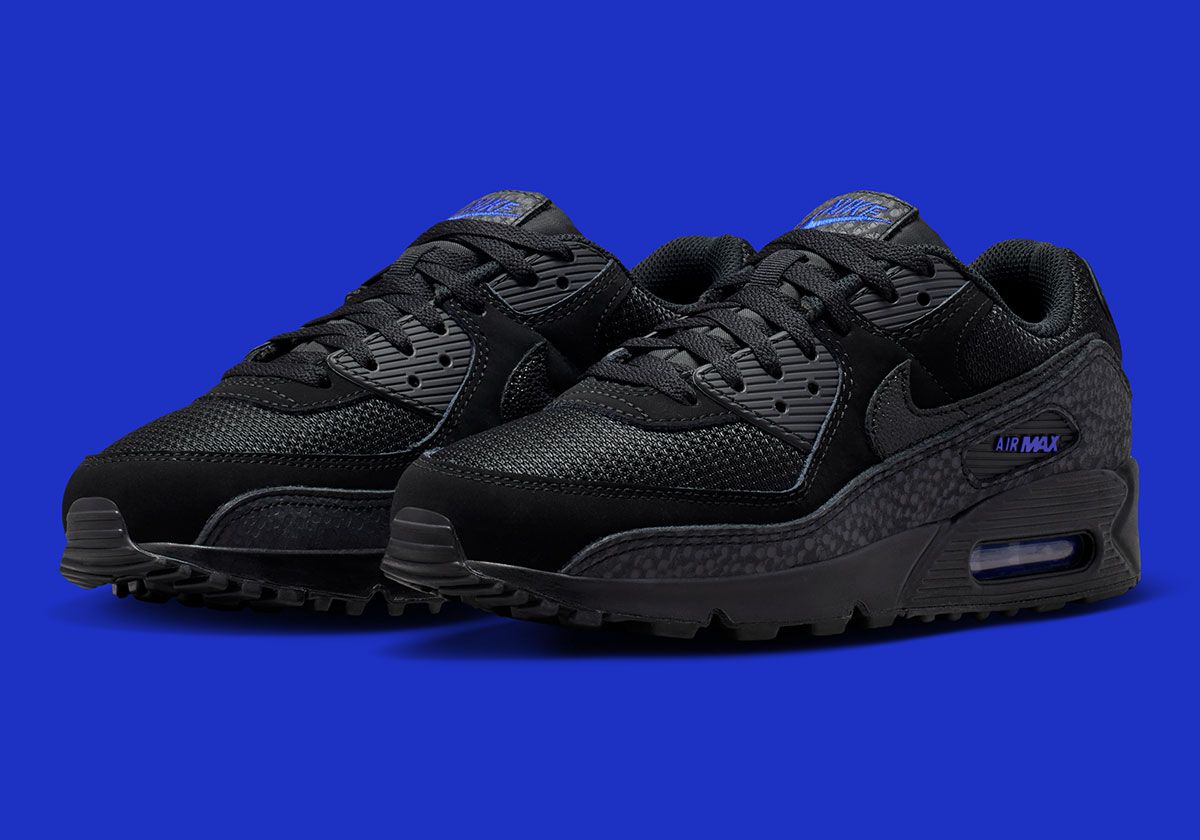 Nike Air Max 90 with embroidered eye detail at heel, safari leather mudguard, stingray Swoosh, Old Royal accents