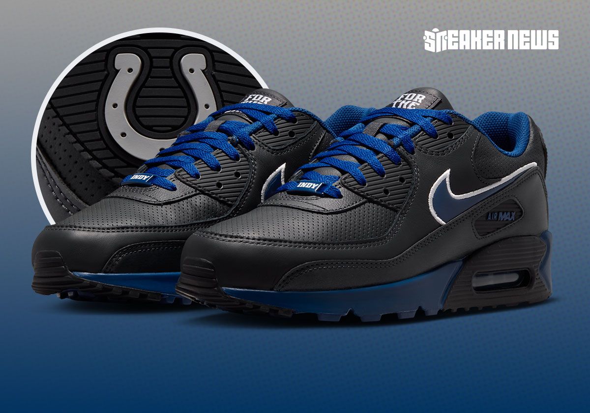 Nike Air Max 90 Colts and Titans Rivalry series showing team-specific colorways with horseshoe and Music City branding details