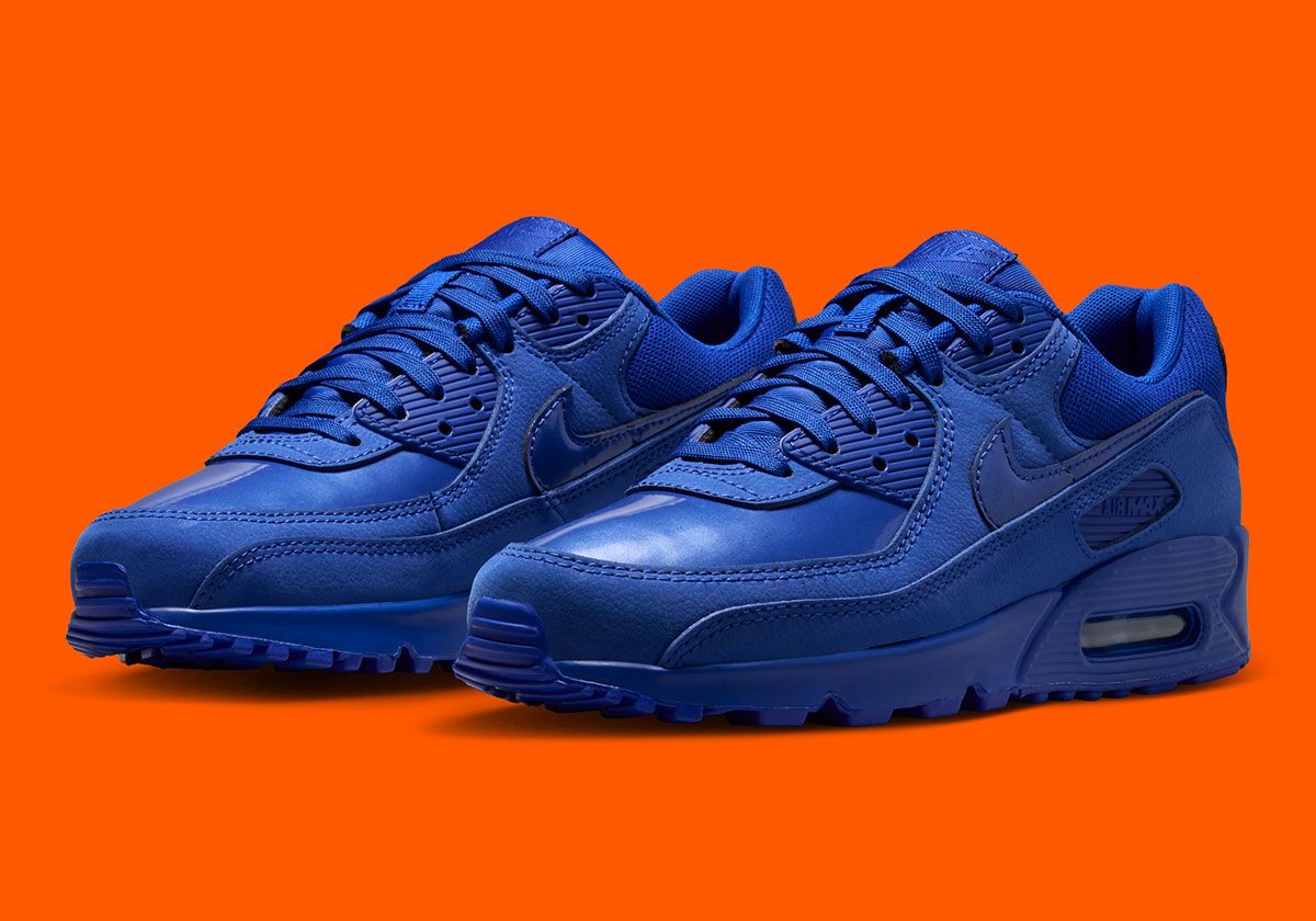 Nike Air Max 90 'Old Royal' in monochromatic Deep Royal Blue, full lateral view showing leather and mesh construction