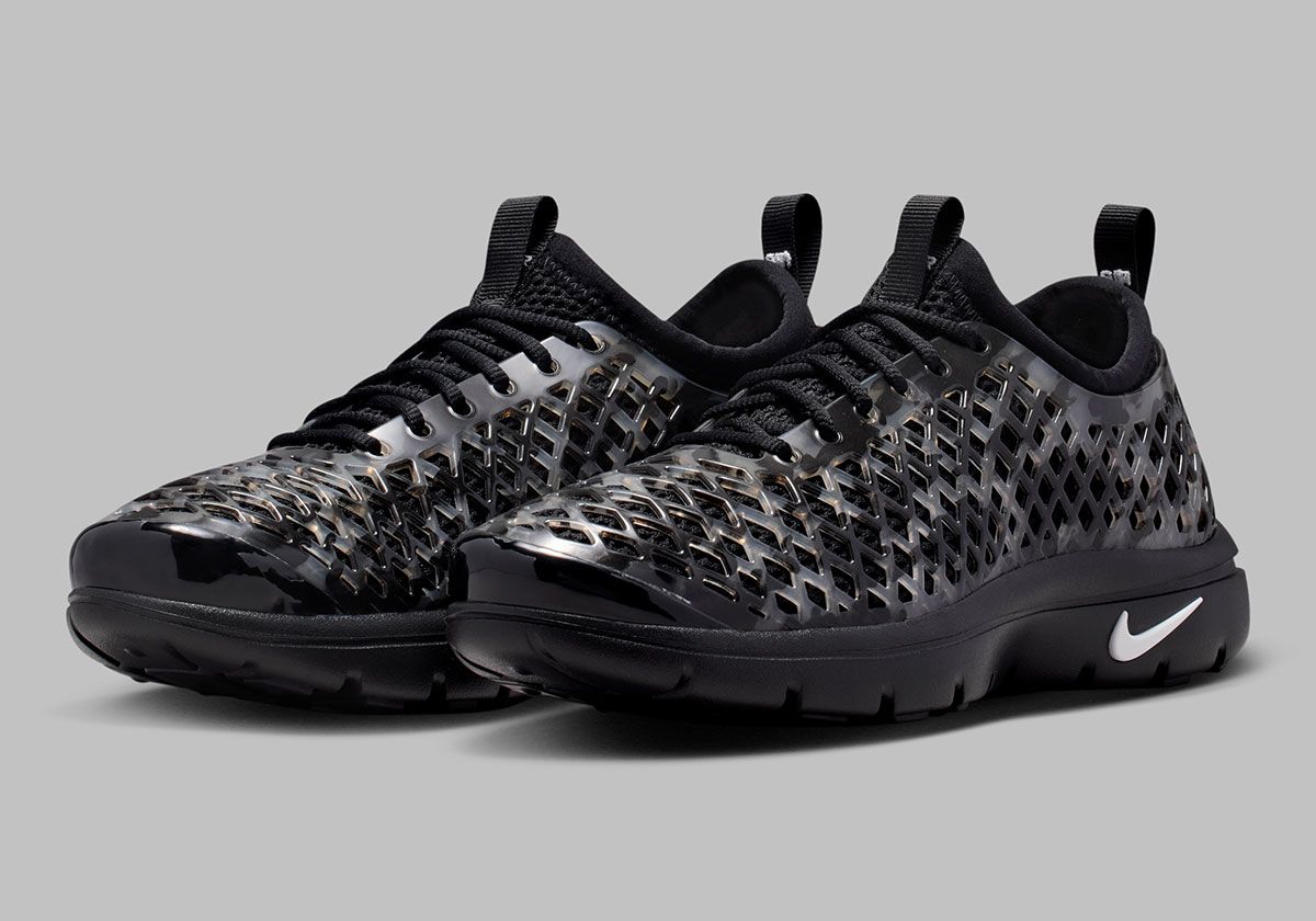 Nike Air Rejuven8 Camo Pack in Black/White and Barkroot Brown colorways with semi-opaque material and diamond camo pattern