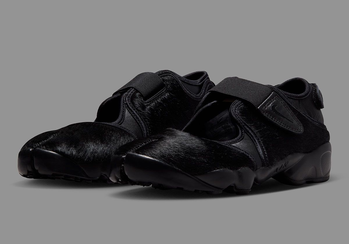 Nike Air Rift Pony Hair Pack in black colorway with tabi toe design and pony hair texture upper