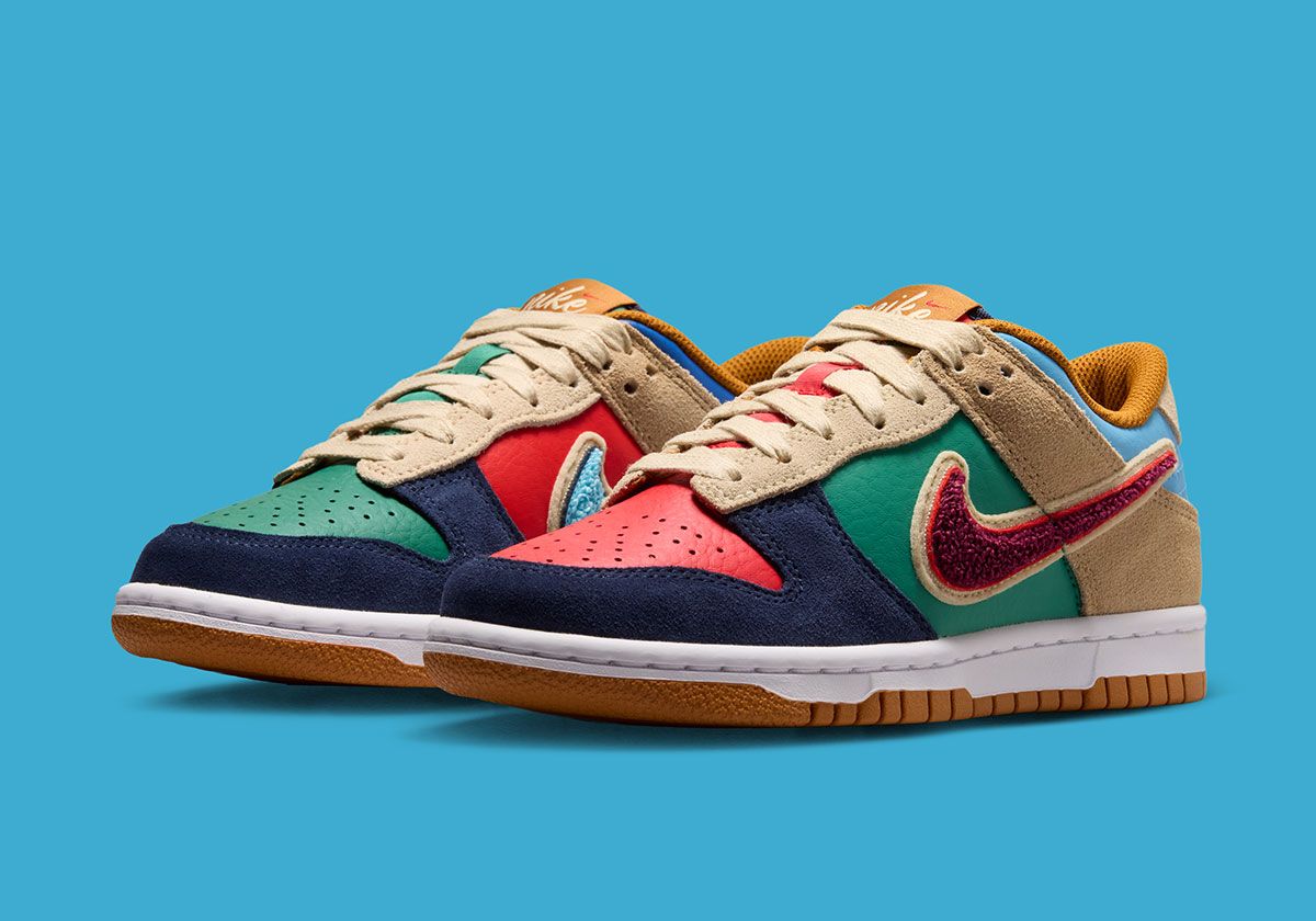 Nike Dunk Low GS Midnight Navy/Green Noise with mismatched panels and chenille Swoosh
