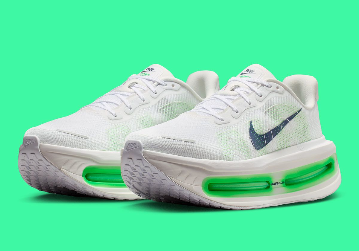 Nike Vomero Premium in Green Spark colorway featuring white upper with navy branding accents