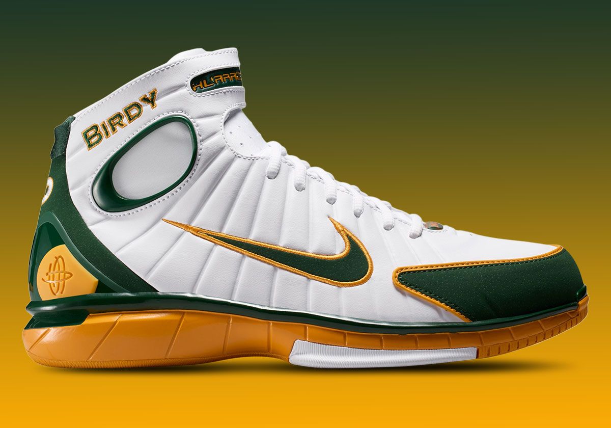 Nike Zoom Huarache 2K4 Sue Bird PE in white leather with Deep Forest green and Canyon Gold accents, featuring No. 10 heel embroidery