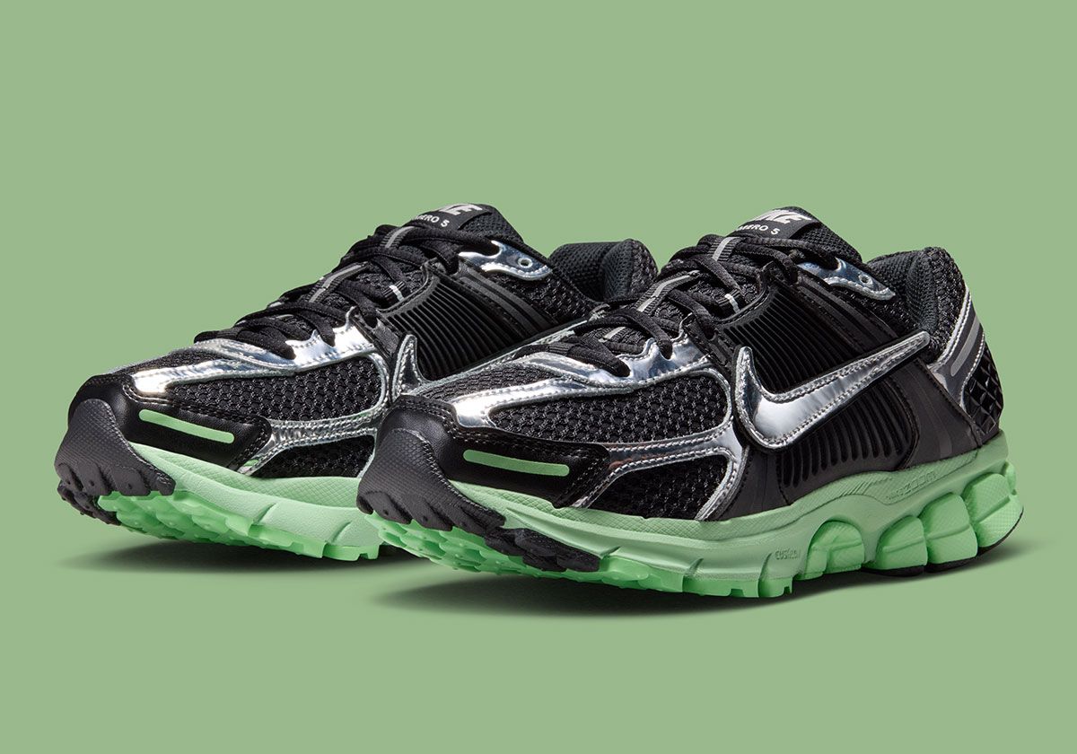 Nike Zoom Vomero 5 Cucumber Calm in black with green midsole and metallic silver accents, women's colorway