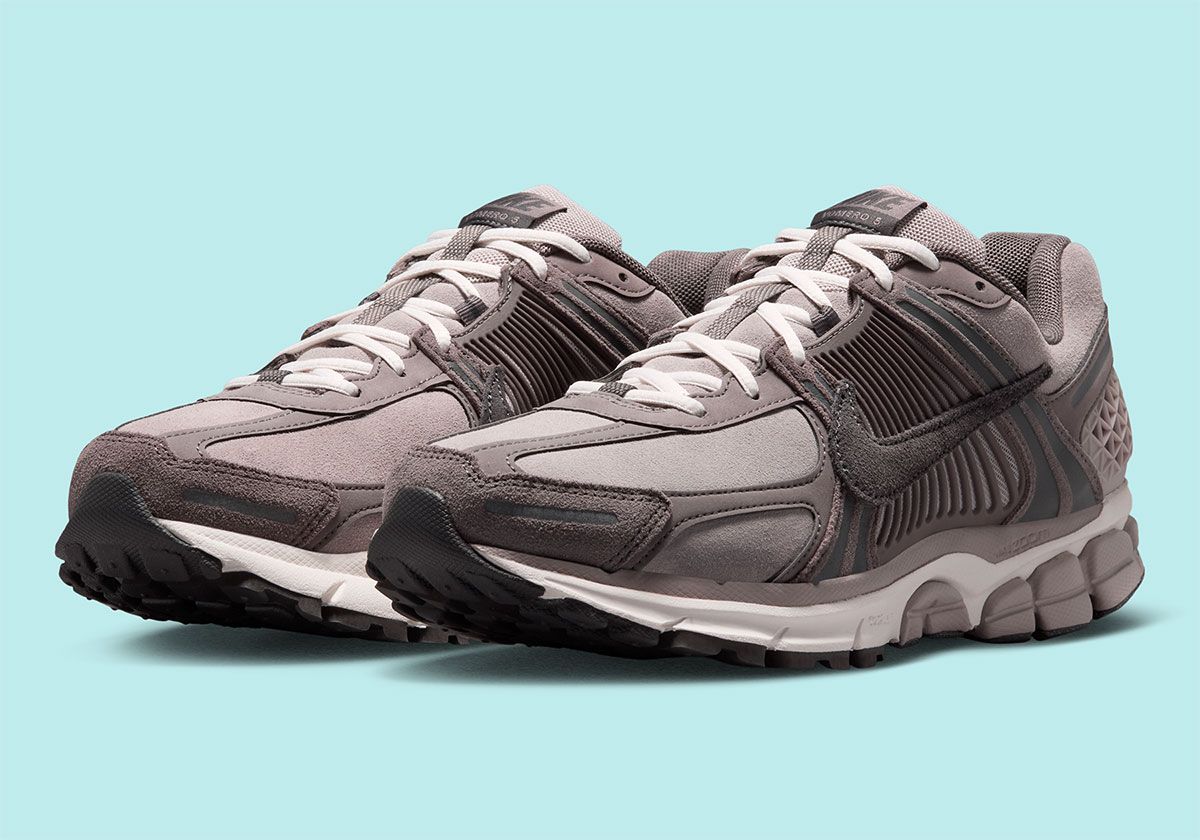 Nike Zoom Vomero 5 College Grey suede upper with layered grey tonal materials and leather overlays